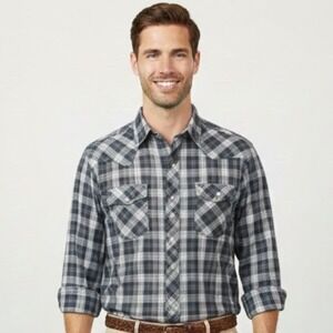 Chute 1 Mens Lg Plaid Long Sleeve Western Pearl Snap Shirt Blue Gray Lightweight